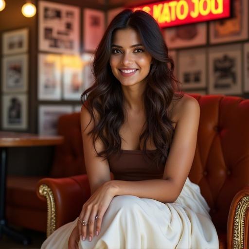 A woman with long wavy hair looks into the camera, she sits comfortably in an elegant chair. The room features a Hollywood theme with movie frames and a neon sign. She wears a chocolate brown strapless top and a tiered white skirt. The atmosphere is bright and welcoming, suggesting engagement in conversation.