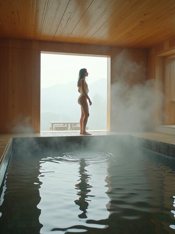 Visualize unique architectural fusion. Japanese bathhouse onsen in stylized San Francisco setting. Clean lines and large windows frame traditional onsen elements. Smooth wooden paneling and bamboo accents. Large, steaming communal bath made of dark stone. Woman in elegant pastel-colored swimsuit standing beside bath. Steam adds atmosphere. High-quality studio photograph captures water, steam, wood, and stone textures. Mood is serene yet intriguing, blending tranquility of onsen with urban undertone.