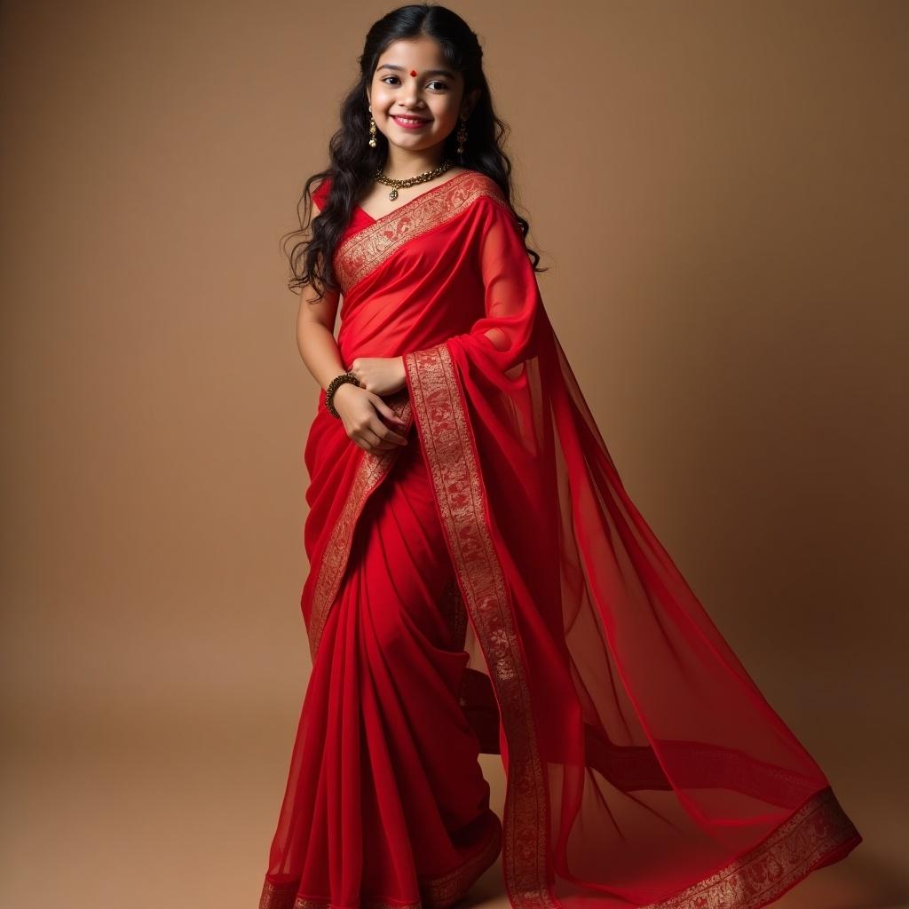 Indian girl in a scarlet red saree from head to toe view. Elegant and traditional look. Beautifully draped saree with intricate details.