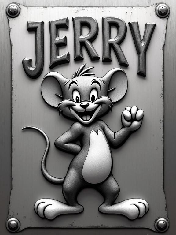 Engraving of Jerry the Mouse on steel. High-relief detailing. Jerry stands playfully with a grin. Title JERRY above him. Bold lettering. Riveted steel border. Smooth gradient background.