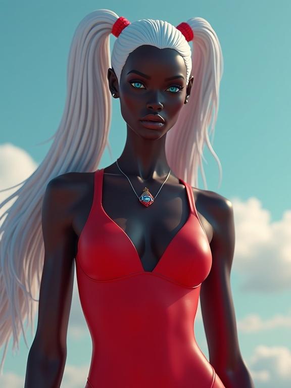 A female figure inspired by classic fertility sculptures with exaggerated proportions. She has very black skin, wears a high-cut red swimsuit and light blue shoulders, long white hair, and blue eyes. The scene is on an exotic planet with RGB LED lighting. Full body shot with a low-angle perspective.