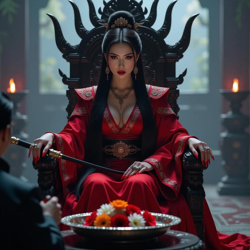 A powerful woman with long raven hair sits on an obsidian throne. She holds a whip and wears intricate red silks. Flowers are presented to her on a silver platter. The atmosphere is thick with tension and power. The scene has cinematic realism with dramatic lighting and film grain effects.