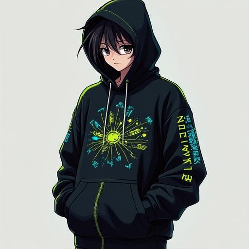 A stylish modern hoodie inspired by Hunter x Hunter. The design incorporates symbols and motifs while appealing to Gen Z streetwear culture. Features deep black color with neon green and electric blue highlights. Abstract patterns and sleek silhouette are prominent. Minimal text is used for branding.