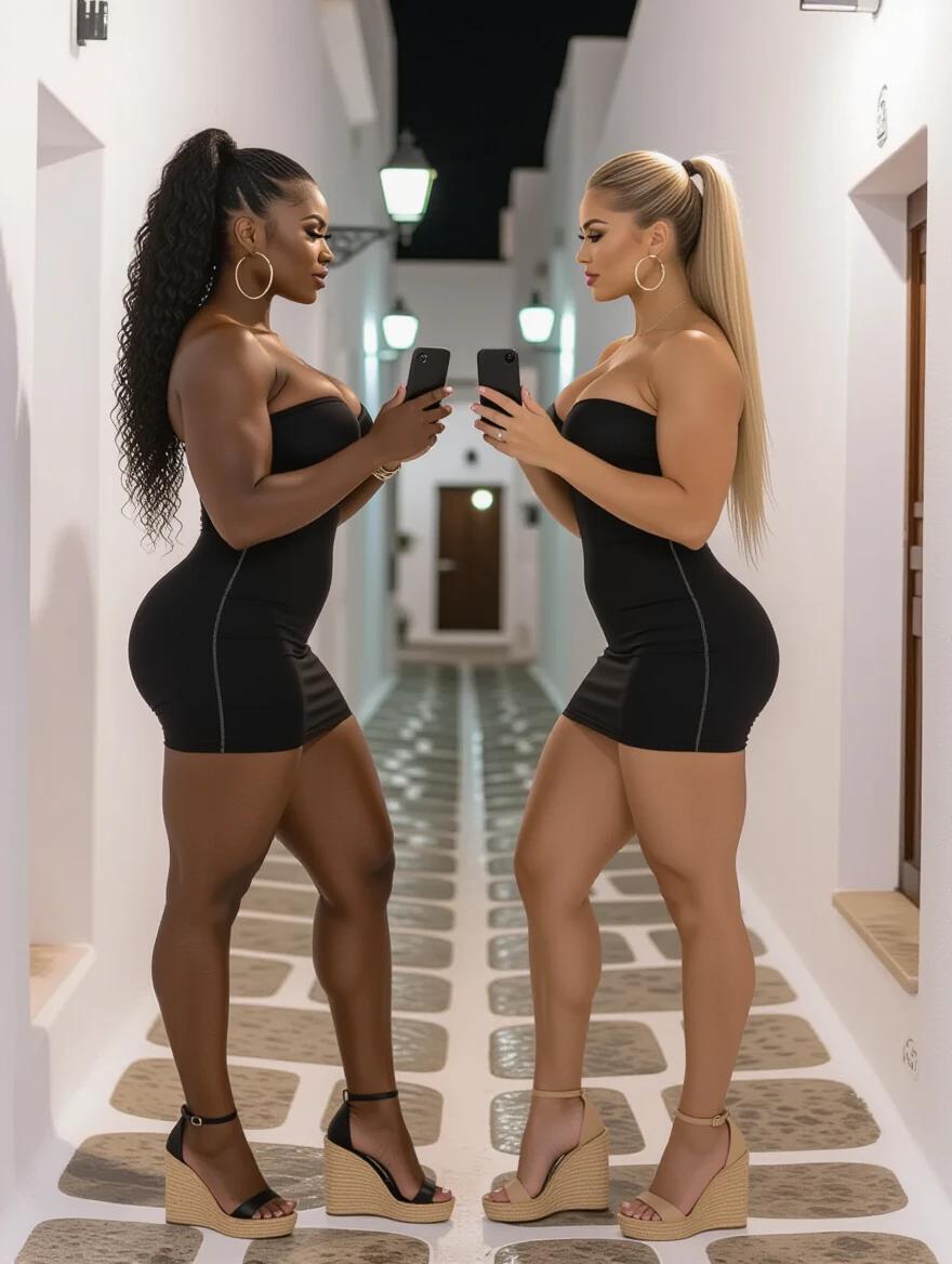 Two bodybuilder women stand in a Mykonos alley at night. Each woman has a distinct skin tone. Both women wear black strapless bandage dresses and high-heeled espadrilles. They hold their iPhones facing each other. The narrow alley is illuminated with soft lights, creating a vibrant nighttime atmosphere.