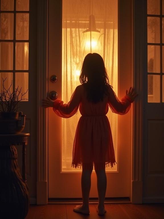 Young teen girl stands at a door. She wears a Halloween costume. Light glows from behind a curtain. An enchanting yet spooky atmosphere fills the scene.