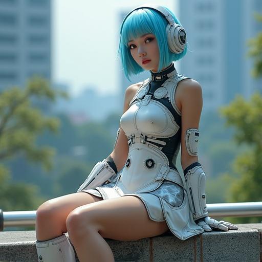 A detailed depiction of a pretty young woman from outer space. She wears a futuristic sleeveless mini skirt dress, arm covers, and high-tech accessories. Her hair is light blue and styled in a bob. She sits in a park with a spaceship in the background.