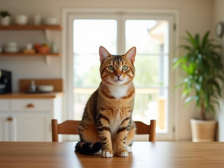 photograph of tabby cat sitting on wooden kitchen table facing camera in bright light. Kitchen background has white cabinets, shelves with dishes and a plant on right. Coffee maker is on left. Cat has orange and black stripes, white chest and green eyes. Relaxed atmosphere with sunlight streaming through doorway.