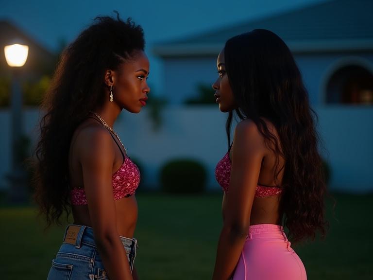 Identical twins face off in a night garden scene. Chidinma has an afro with burgundy tips and bold red lipstick; she wears ripped jeans and Ankara tops. Chiamaka has long straight hair and subtle gold makeup; she wears pink Gym wear. They confront each other dramatically under moonlight in a well-lit garden by the mansion.