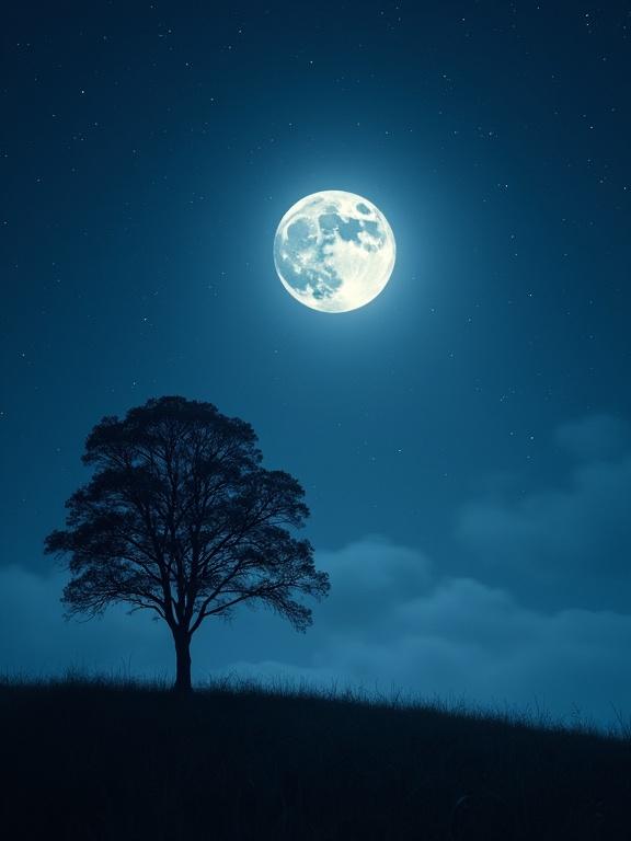 Serene night image featuring a bright full moon above a solitary tree. Starry sky creates a tranquil atmosphere. Cinematic tone with realistic details in soft light.