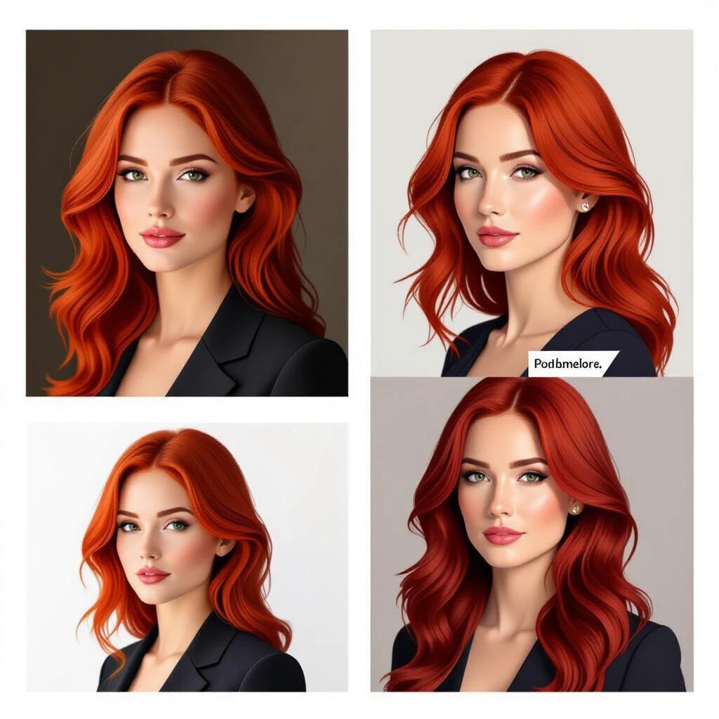 A portrait featuring a woman with striking red hair in soft waves. The model wears a stylish blazer. The focus is on hair color and style. Images arranged in a four-panel grid display variations of the hairstyle.
