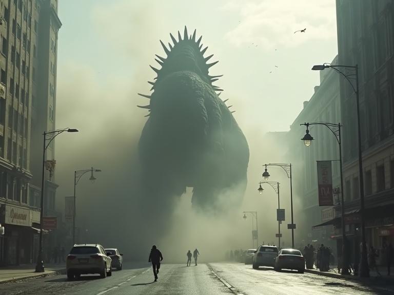 Dramatic depiction of a giant creature emerging from fog in a cityscape with people reacting.