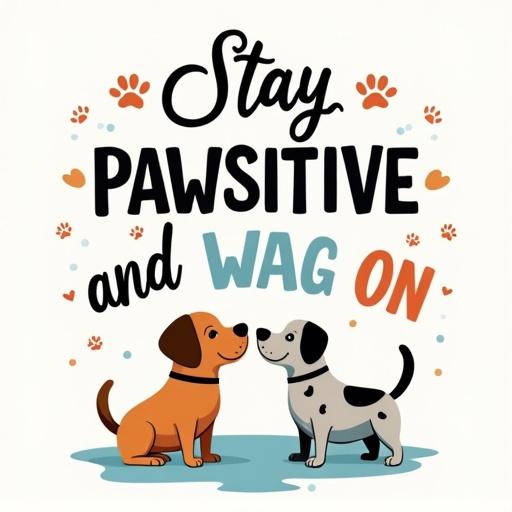 Playful design features phrase Stay PAWSITIVE and WAG ON in mixed fonts. Two cartoon dogs face each other. Tiny paw prints replace dots on i's in PAWSITIVE. The design has a cheerful and upbeat canine theme.