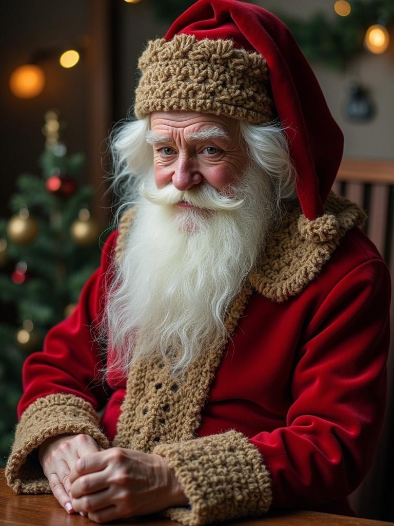 Santa Claus dressed in red and beige is seated with a background of Christmas decorations. The scene is cozy and festive.