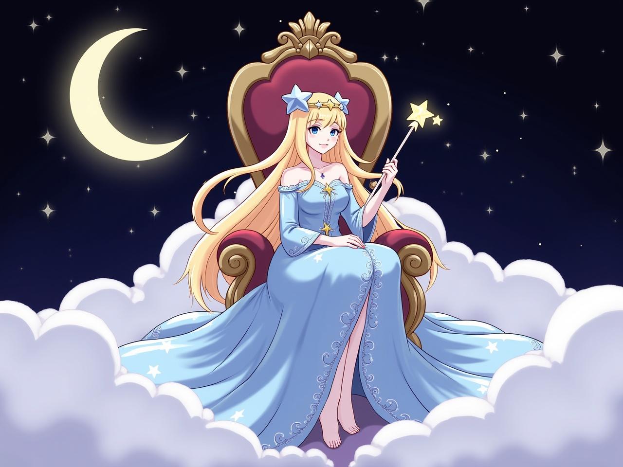 The image features a character sitting elegantly on a throne surrounded by clouds and stars. She has long blonde hair and wears a flowing blue gown with a star motif. The character holds a star-tipped wand, and a small star-like figure floats nearby. The background showcases a dark night sky with a large crescent moon and twinkling stars. The overall aesthetic is magical and whimsical, portraying a serene and enchanting atmosphere.