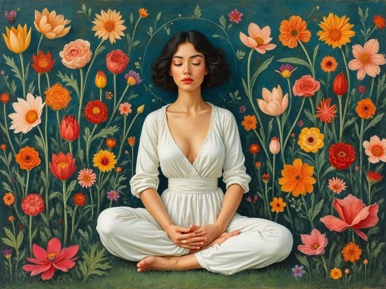 Meditative woman in a floral garden. Gauguin-inspired spiritual symbolism. Cézanne-like form. Peaceful setting, contemplative mood. Center-framed composition surrounded by colorful flowers.