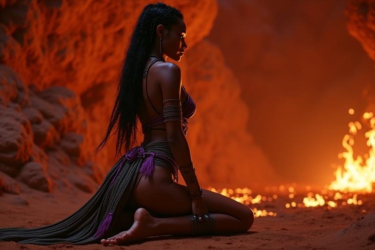 A glowing lava cavern with a female figure kneeling before a flame altar. The figure has radiant dark red skin with glowing bioluminescent stripes. The cavern walls are illuminated by firelight. Her silhouette is defined against the ambient glow.