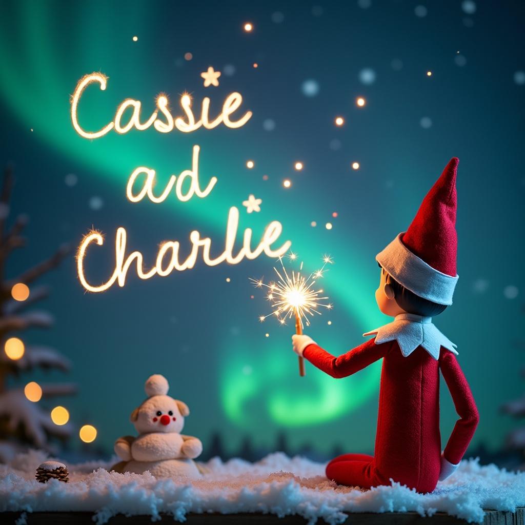 An enchanting Christmas scene features an elf on the shelf, with its back to the viewer. Dressed in traditional red and white, the elf holds a magic wand and is writing 'Scarlett & Charlie' in glowing script above it. The backdrop showcases vibrant northern lights, creating a magical ambiance. Snow is quietly settled below, enhancing the festive atmosphere. This whimsical scene captures the spirit of Christmas and evokes wonder, excitement, and joy for the holiday season.