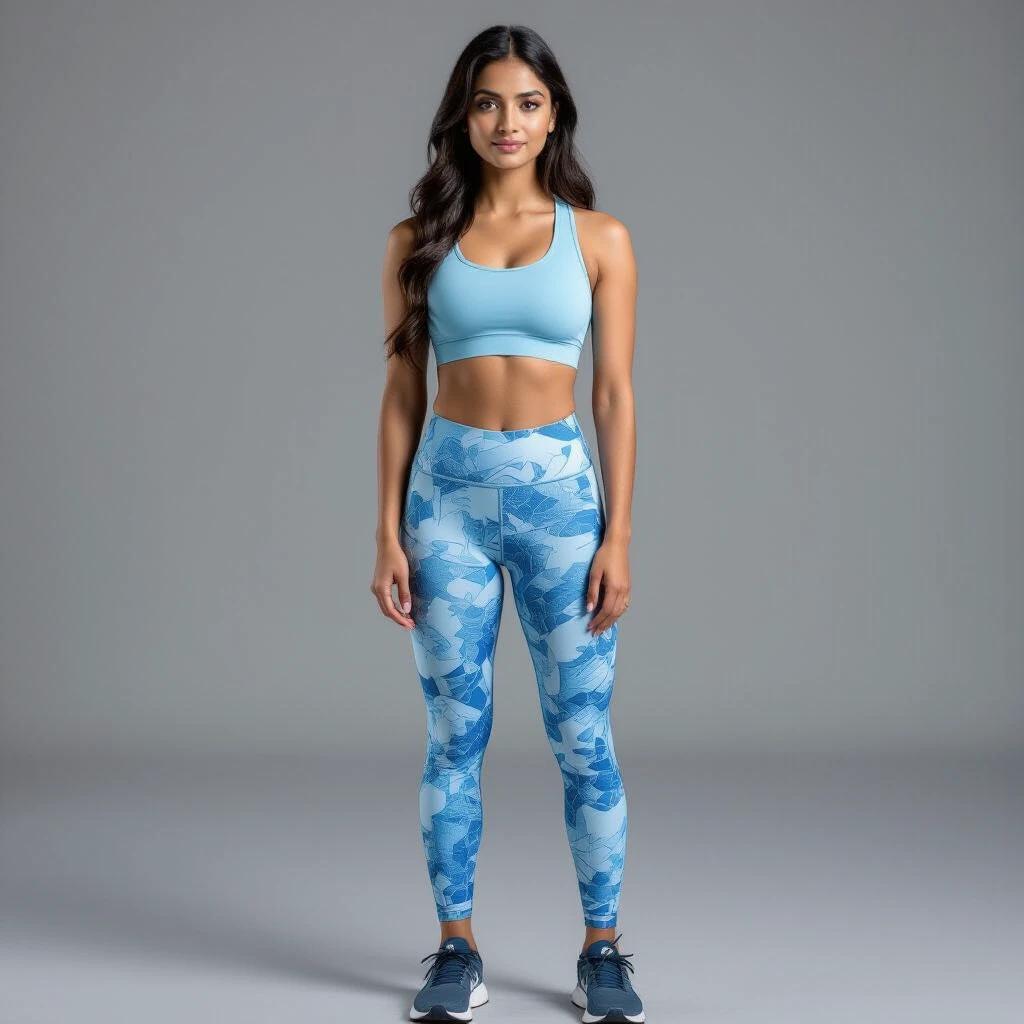 Full body portrait of a South Asian woman named Tharani. She has light skin tone and long natural black hair. She stands upright and faces forward. She wears a sleeveless light blue top and patterned blue leggings. She has stylish jogging shoes. Her posture is relaxed and poised. Her hands rest at her sides. The image is shot in a professional photography studio. The background is smooth and medium gray. The lighting is soft and even. The overall look is ultra-photorealistic and cinematic.