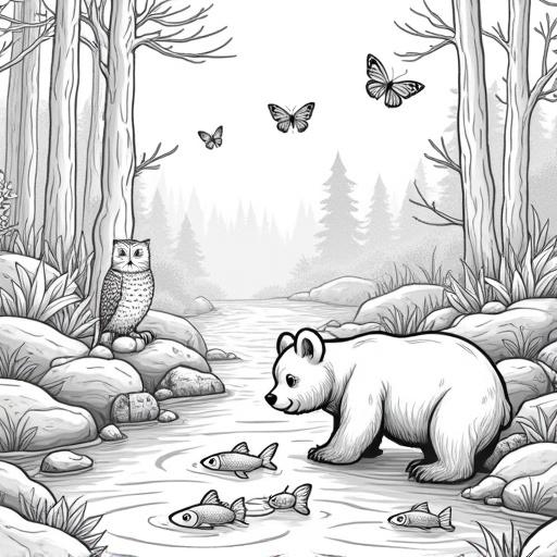 A coloring page in a naturalistic style features a young bear in a stream. The bear tries to catch a fish. The scene includes slender pine trees, rocks, and butterflies. An owl is perched nearby. The image is outlined with fine black lines on a white background, designed for coloring.