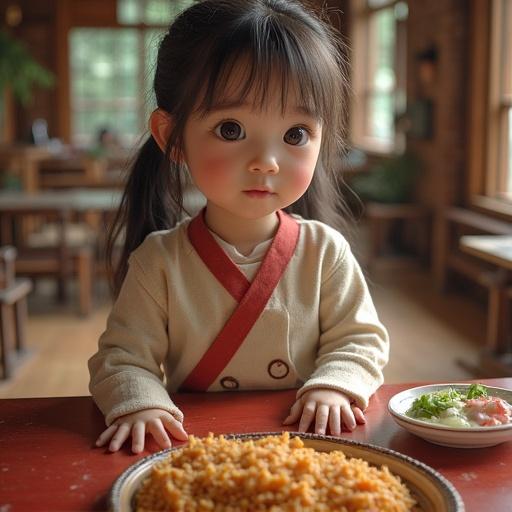 A cute child sitting at a wooden table. The child has long hair and is wearing a soft sweater. A bowl of fried rice is placed in front. The background shows a cozy dining area with windows, plants, and warm tones.