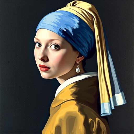 Transform Vermeer’s Girl with a Pearl Earring into a modern art style. Blend flowing lines and ornate patterns around the figure. Use a soft color palette to enhance the girl's serene expression and the elegance of her clothing.