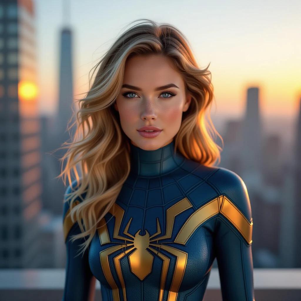 A stunning Northern European woman wears the Spider-Woman Gwen suit. She has wavy blonde hair and piercing blue eyes. Soft freckles on fair skin. She stands on a modern skyscraper ledge at golden hour. The wind sweeps through her hair. The suit shows subtle reflections and texture. It features high-resolution and photorealistic lighting. The composition is cinematic.