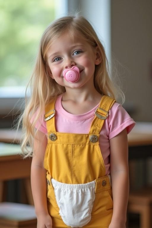 A 6-year-old girl with long light blonde hair wears a pink t-shirt and yellow dungarees at school. She has green eyes and a smile, easily seen in a classroom setting. The background shows a hint of a playground.