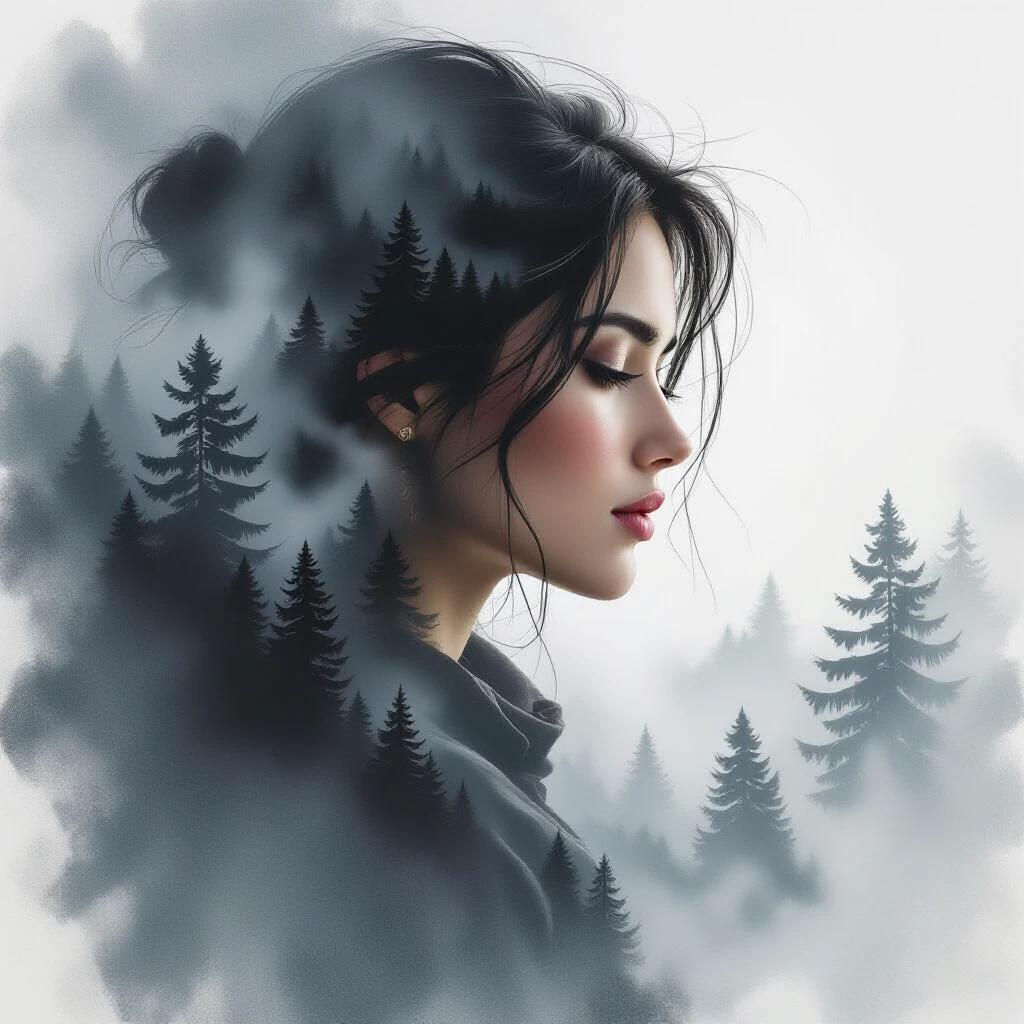 Soft close-up portrait of a contemplative woman drawn in expressive charcoal sketch style layered with drifting fog and silhouettes of pine trees in double exposure. Gentle smudges and textured strokes give the image a handmade feel. Muted grayscale tones with subtle shading interplay.