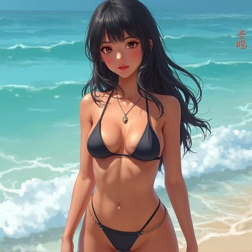 A photorealistic image of a girl wearing a bikini by the beach. She has long black hair and is posing confidently in front of the ocean. The background shows clear blue water and a sunny sky.
