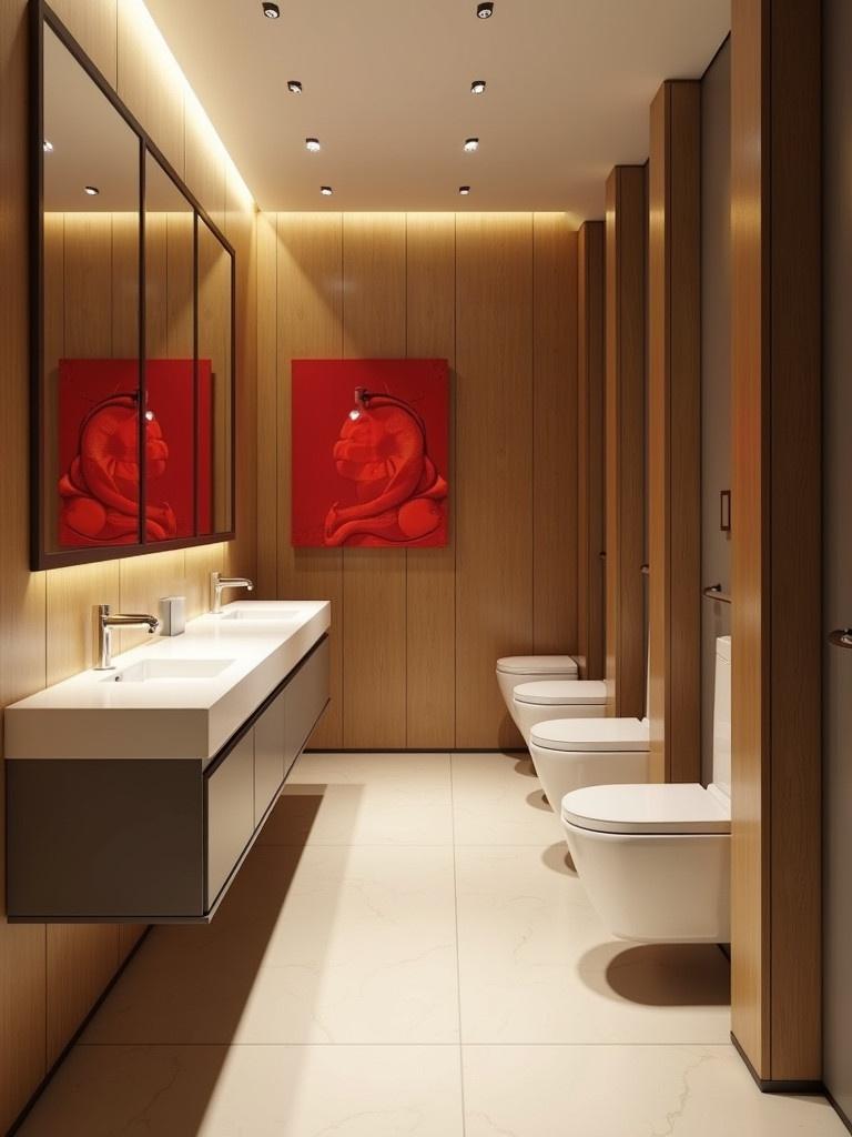 Restroom with a modern design. Clean lines and minimalist decor. Walls have warm wooden panels. Red artwork hangs above a sleek sink. Features 30 matching toilets. Combines functionality and style.