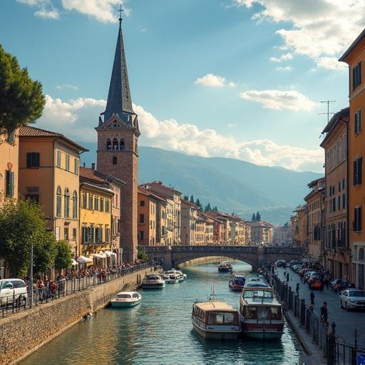 Facebook cover photo for Frosinone city in Italy. Shows famous landmarks. Must be funny and magical. Evokes liveliness and activity.
