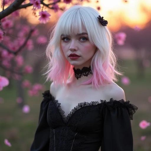 A woman with white and pink hair poses outdoors. She wears a gothic black dress with floral patterns. Background features pink flowers and soft sunset lighting. Image evokes elegance and melancholy.