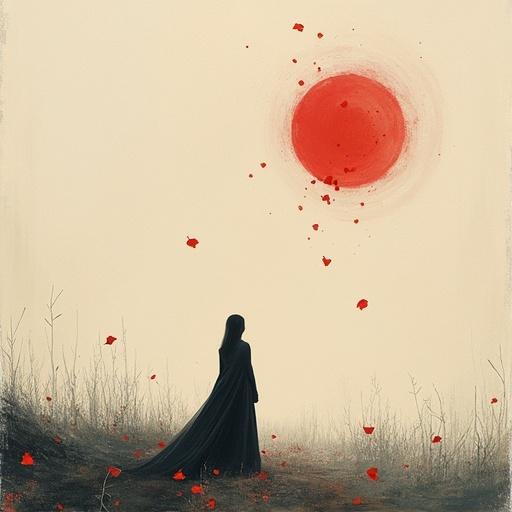 A dreamlike minimalist composition featuring a figure in a black cloak standing in a field with falling petals against a large red sun. The painting uses abstract forms and textured brushwork to create an emotive atmosphere.