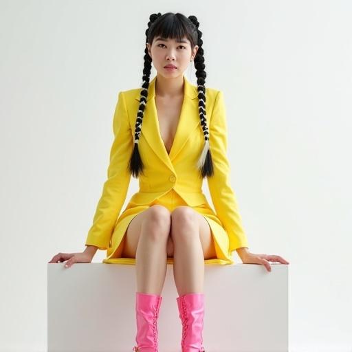 A young woman in a yellow blazer dress with pink boots. She sits on a white surface in front of a plain background. Her hair is styled in punky long black and white pigtails. The image is bright and vibrant.