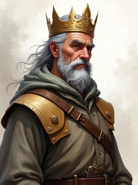 Middle-aged man with graying hair, wearing a simple crown and traveler’s clothes, illustrated in a semi-realistic digital art style with fantasy elements. Background fades to watercolor splashes.