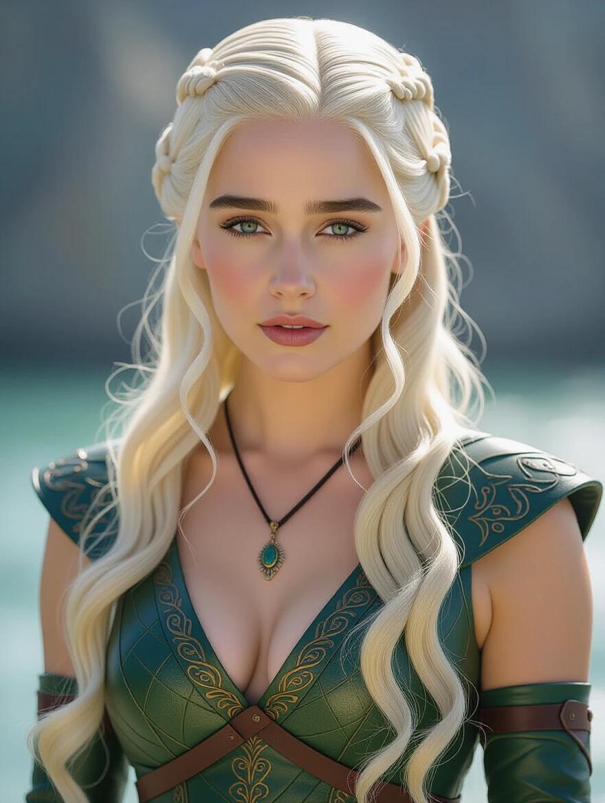 Realistic depiction of a fantasy character. Female with long blonde hair styled elegantly. Wearing a detailed green costume. The background depicts an outdoor setting with soft light. Character expression shows confidence and allure.