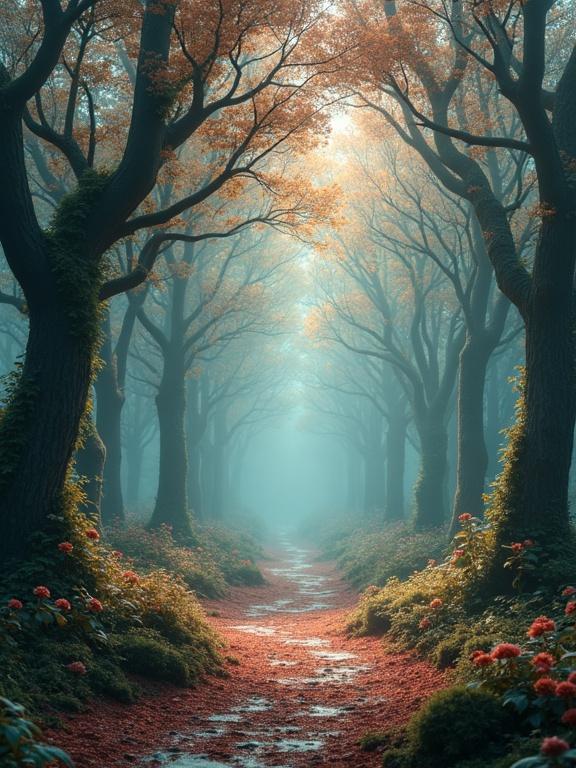 Dense enchanting forest scene made of makeup brushes. Trees crafted from various makeup tools with bristles like leaves. Forest floor made of crushed pigments. Magical ambient light filters through bristle foliage. Gentle mist adds depth and fantasy. Highly detailed with a serene atmosphere.