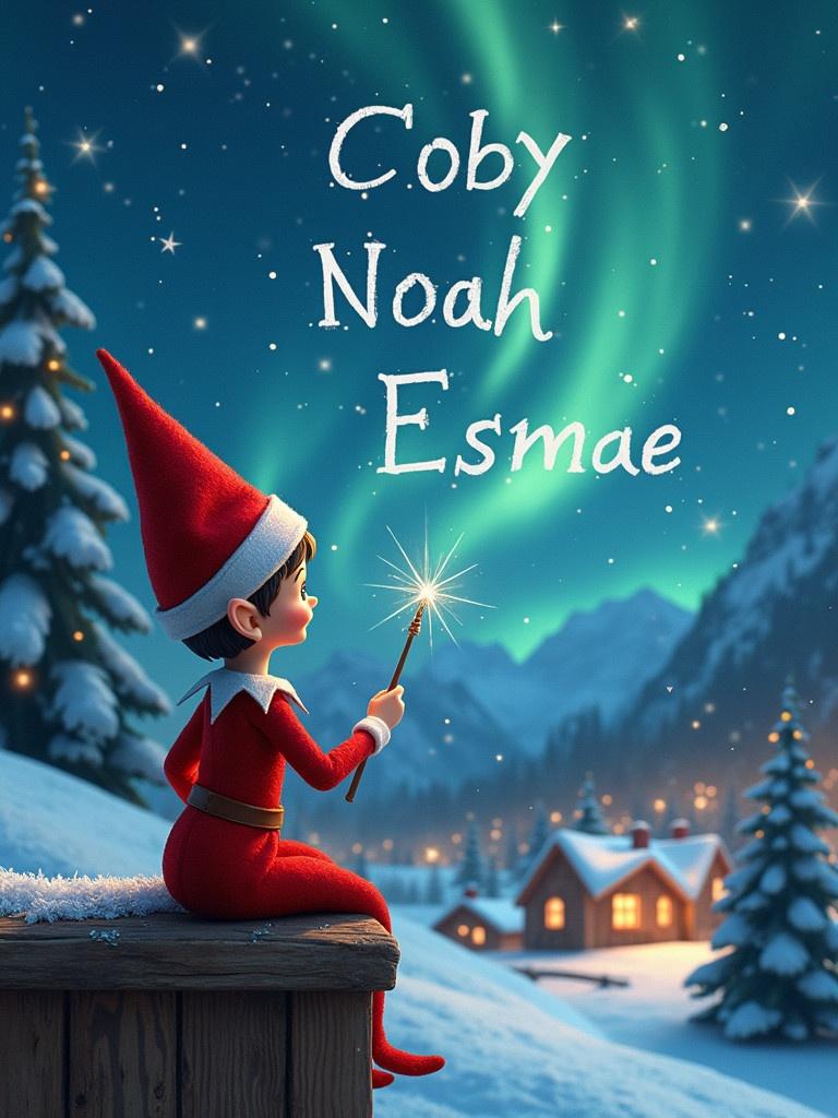 An elf in a red outfit sits on a wooden ledge gazing at a magical sky. The elf holds a sparkling wand and writes names in the starry night. The scene has a snowy landscape with small houses and evergreen trees under Northern Lights. It evokes feelings of wonder and festivity.