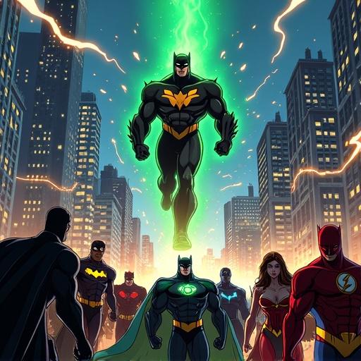 DC Comics universe with Justice League in Metropolis. An epic battle scene with many superheroes confronting Mordru. Characters include Superman Batman Wonder Woman Flash Green Lantern Martian Manhunter and others. Style represents Justice League Unlimited animated series. Villain Mordru appears as a giant.