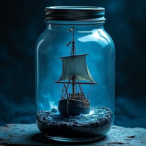 A realistic ship at sea contained inside a transparent glass jar. The scene features dramatic lighting with blue and black tones. The ship is highly detailed and realistic, capturing a vivid representation of nautical themes.