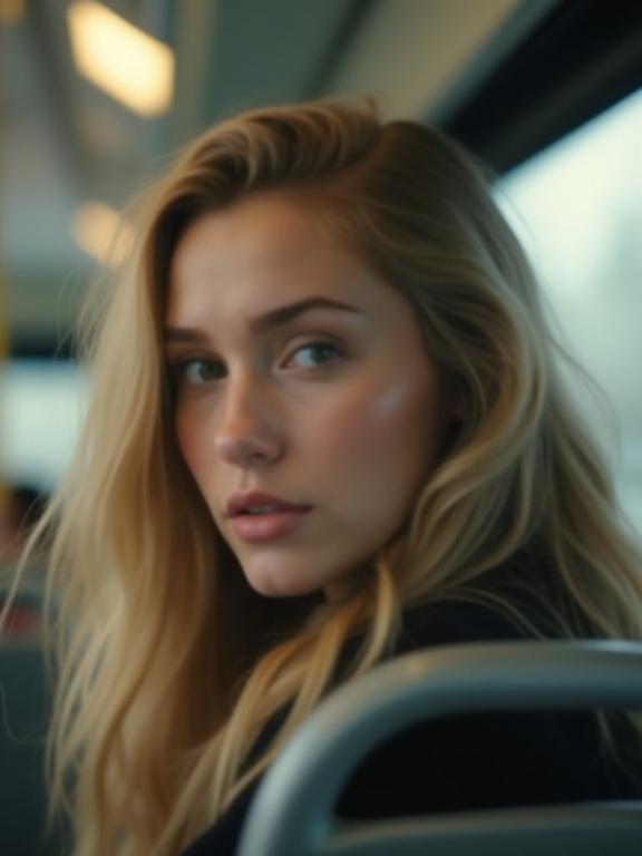 Candid capture of a naturally beautiful woman during a bus ride. Background in motion creates blur. Woman's expression draws attention. Face framed near the edge of the image.