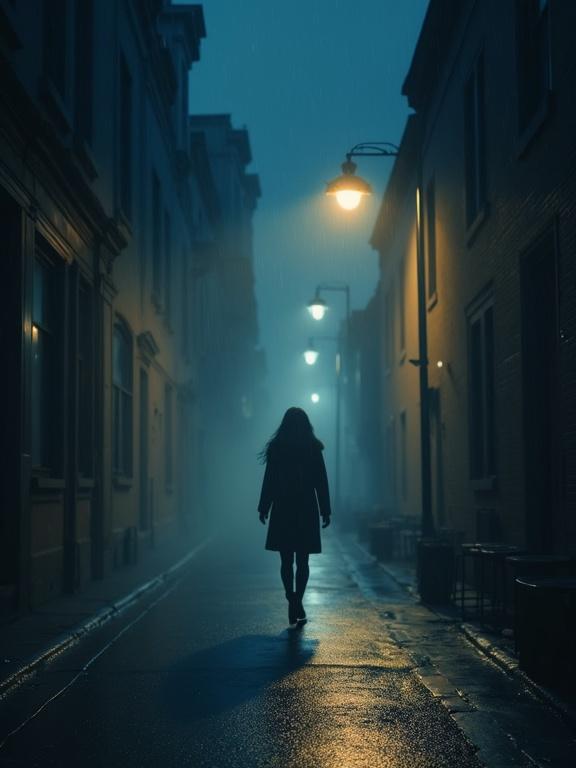 Cinematic melancholic scene in 16:9 aspect ratio. A lone figure walks down a dimly lit urban street at night. Soft streetlamp illuminates the surroundings. Gentle rain falls. Mood is moody with deep blues grays and subtle purples. Translucent shadows of a couple dance in the background fading like ghosts. Old Polaroid photographs of a smiling couple drift across the scene dissolving into sepia-toned particles. Dreamy emotional style with slow transitions evoking heartbreak and fading memories.