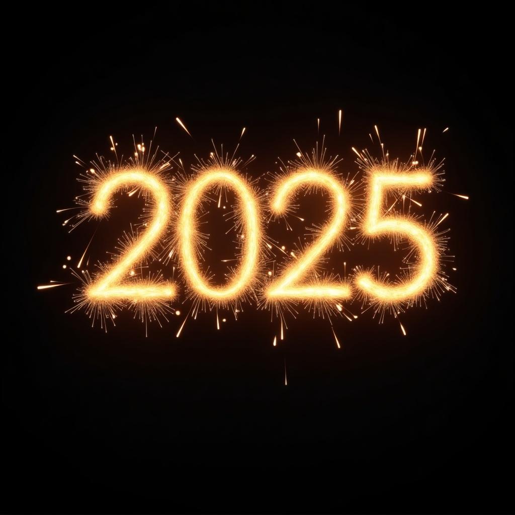 The image features the number 2025. The number appears glowing and festive, similar to a sparkler. The background is black to enhance the brightness of the glow.