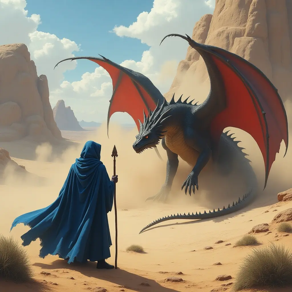 In a fantastical desert landscape, a sorcerer wearing a flowing blue cloak stands on a hill, gazing at a giant dragon below. The dragon, with its vast red wings spread wide, rests on the ground, creating a powerful presence. Dust swirls around it, adding to the dramatic scene, while the sorcerer remains clear and defined. The background features large rocky formations, enhancing the sense of scale. The tension between the sorcerer and the dragon creates an atmosphere of intrigue and adventure.