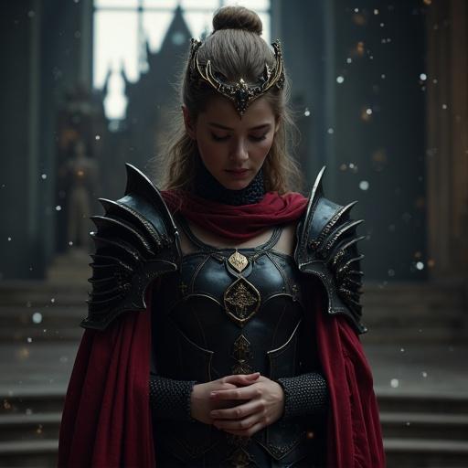 A young woman stands in a dark throne room wearing black and crimson gothic armor. She has a crescent moon crown. Her head is bowed and she looks downward. Fingers fidget together in front of her waist. Soft blush and shy smile. Magical particles float around her. The scene is illuminated by moonlight. Detailed facial expression and body language are captured.