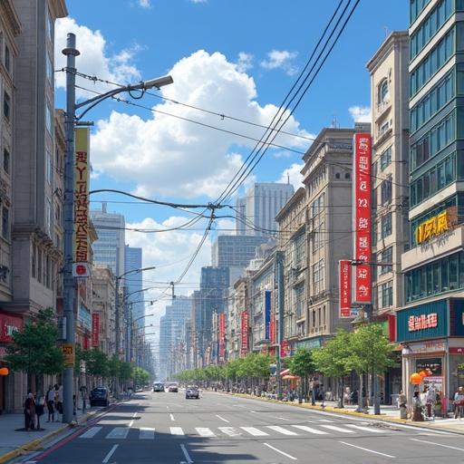 Wide street view in a bustling city center. Historic buildings lined on both sides. Clear blue sky with fluffy clouds. Trees and signage visible along the sidewalks.