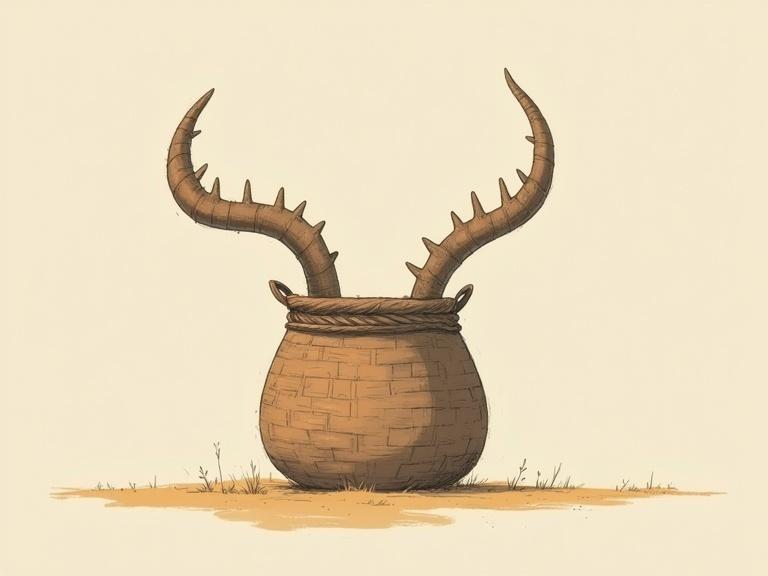 A horned basket design featuring antlers. Minimalistic style with a simplified aesthetic. Limited color palette with clean lines and abstract forms.