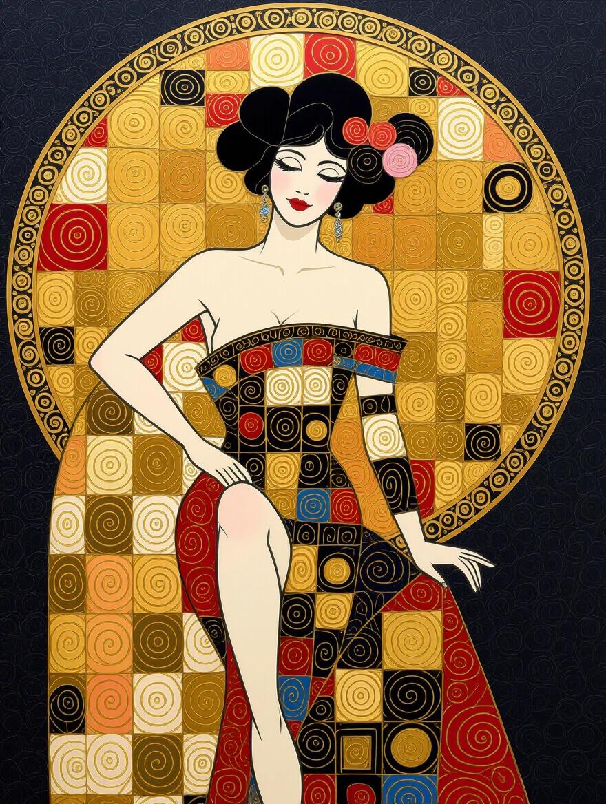 3d Klimt-inspired art featuring a woman seated in a glamorous pose surrounded by swirling patterns and rich colors.