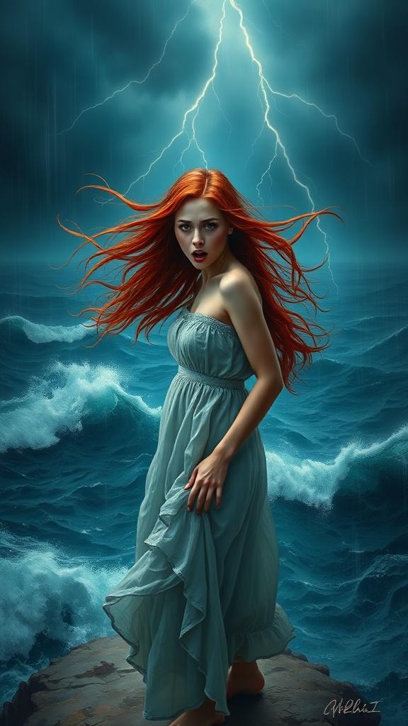 A mysterious woman with red hair stands on a rocky outcrop during a stormy sea, lightning flashing in the sky, wearing a flowing blue dress.