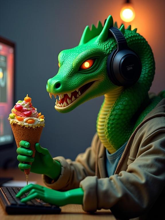 green snake head humanoid gamer in casual clothes sitting in front of PC playing Counter Strike wearing headphones holding tutti Frutti cake slice